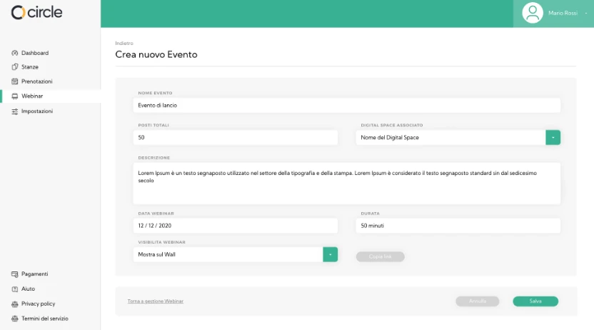 The event is created in the Backoffice, specifying the date, total places available, description, and allowing its publication on the Wall