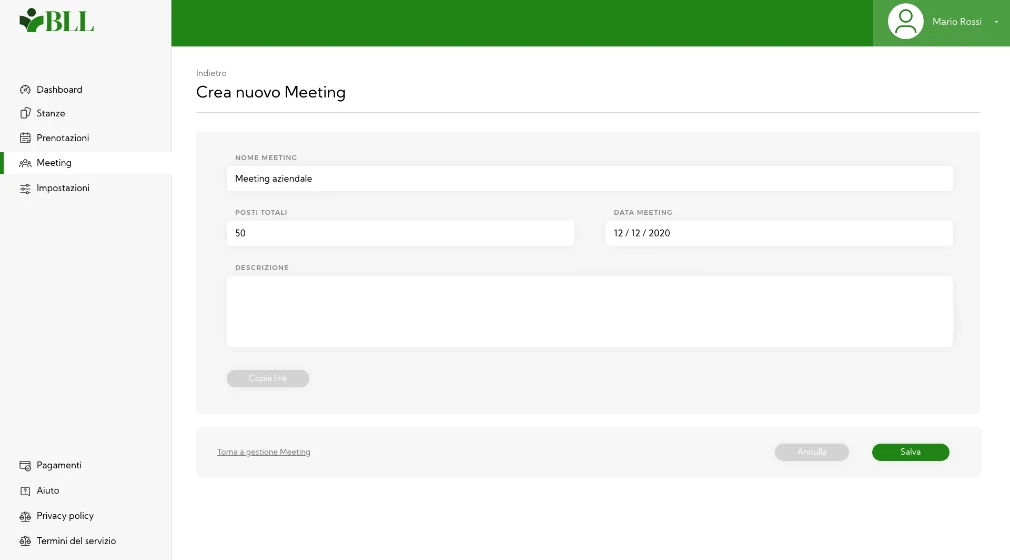 All'interno del backoffice crea la riunione e ottiene un link condivisibile da inviare ai partecipanti