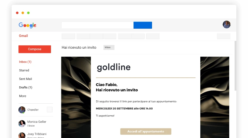 Il cliente riceve un invito via mail contenente giorno e orario dell’appuntamento e il link per partecipare
